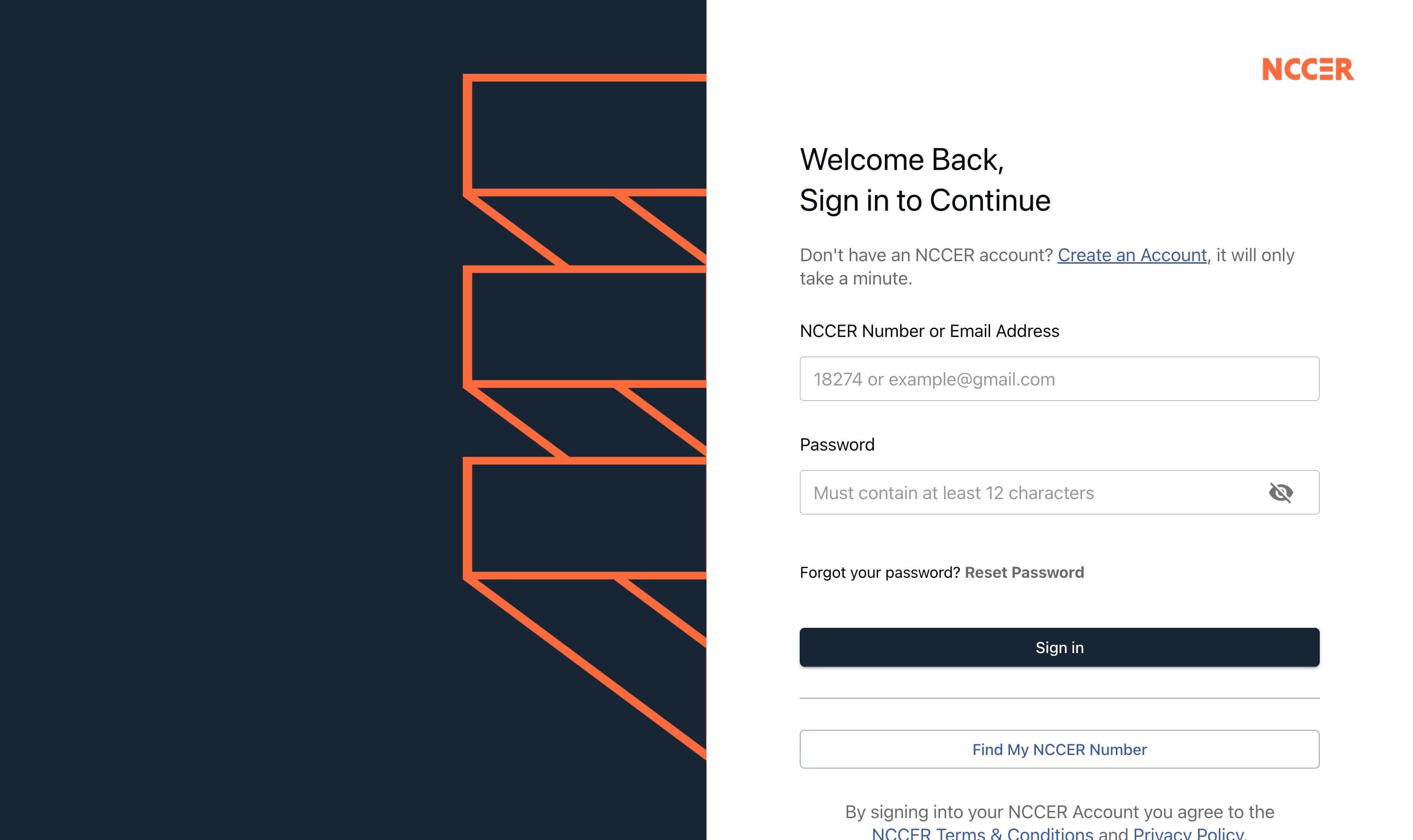 NCCER Single Sign-On — login screen