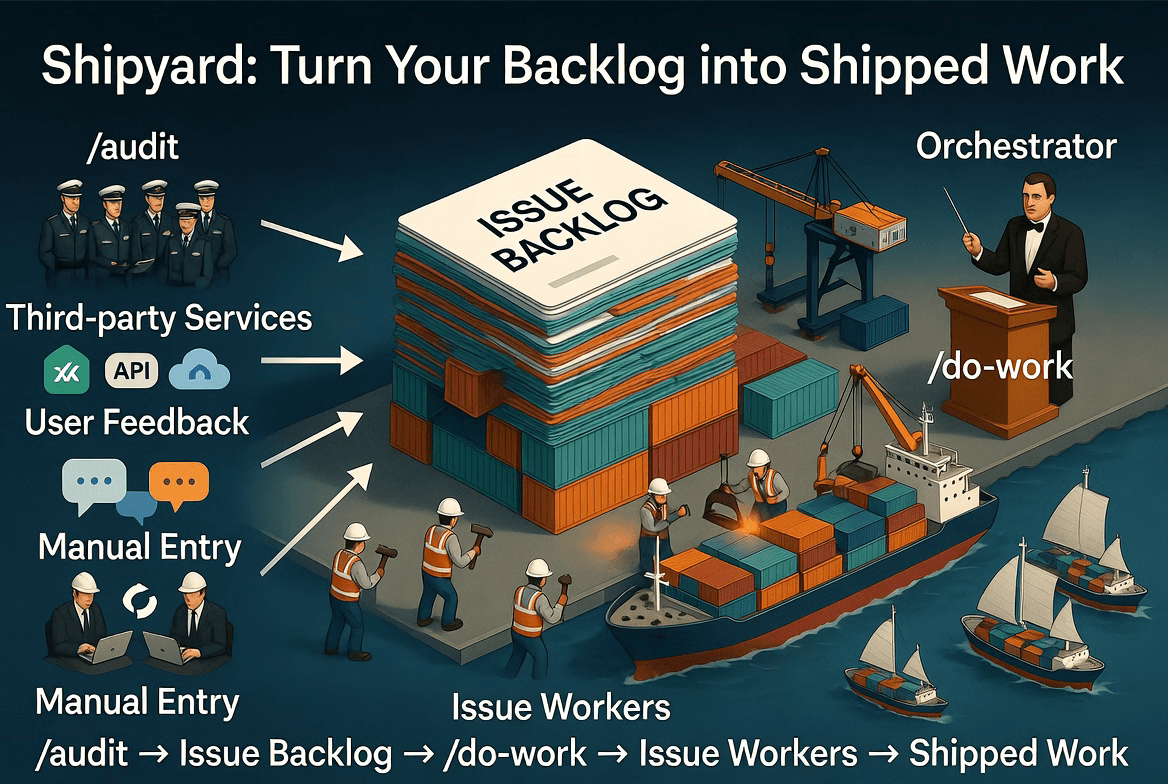 Shipyard — illustrated flow of /audit and feedback sources feeding an issue backlog, the orchestrator running /do-work, and issue workers shipping containers onto cargo ships
