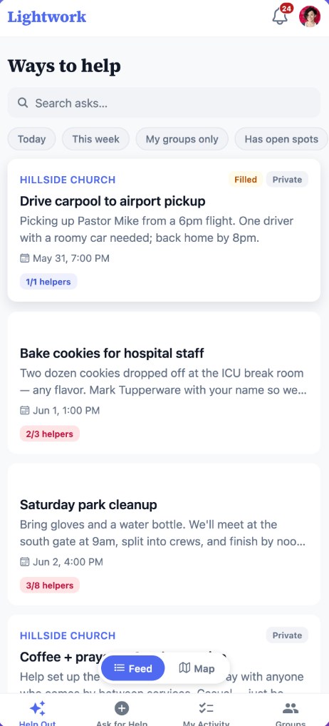 Lightwork home screen showing a feed of volunteer tasks