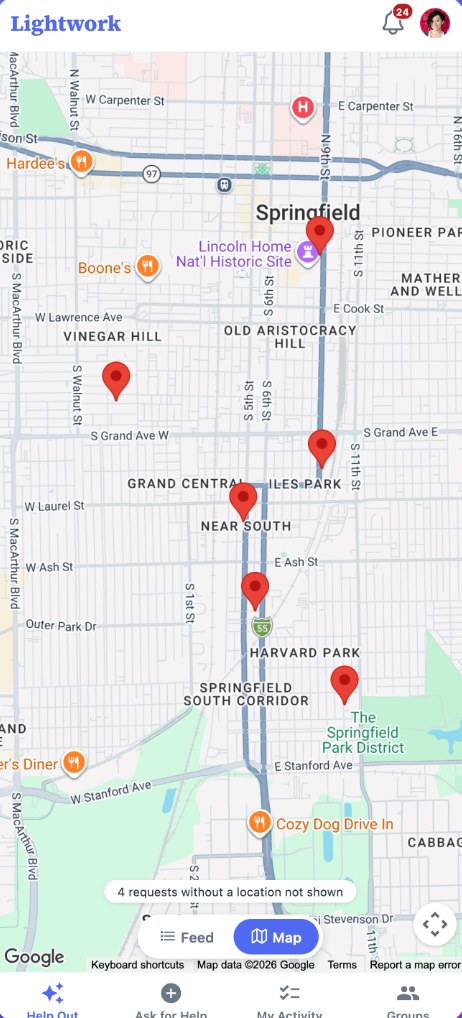 Lightwork map view with task locations pinned