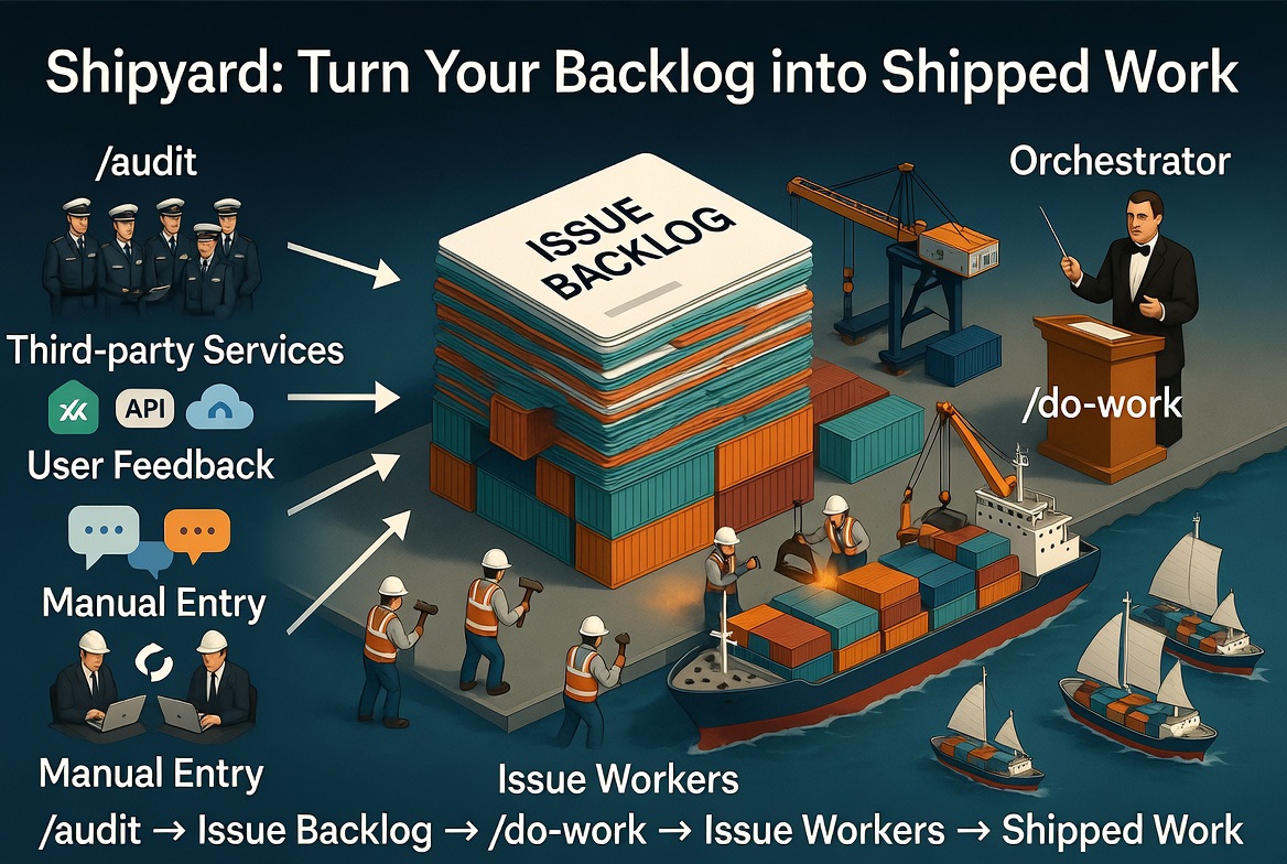 Shipyard: audits, third-party services, user feedback, and manual entry feed an issue backlog; an orchestrator dispatches issue workers that ship the work